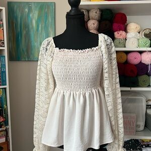 BiBi White Smocked Square-Neck Blouse with Lace Sleeves